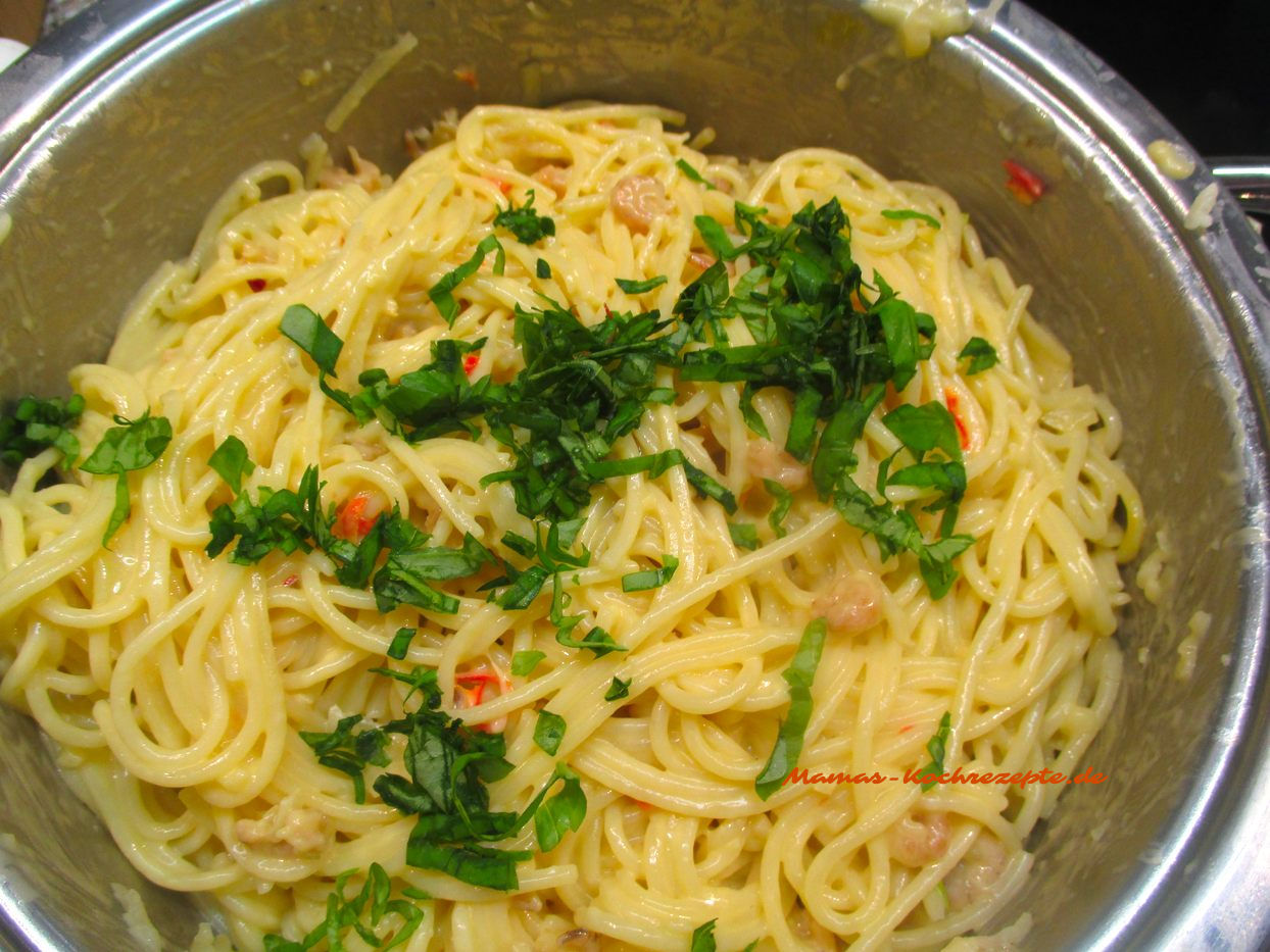 Spaghetti mit Krabben in Sahnesauce schnell,lecker kochen.